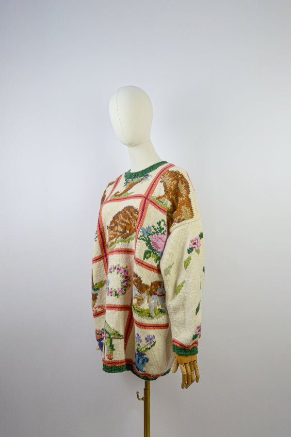 FLORAL FANCY - 1990s Vintage Wool Jumper - Size M/L