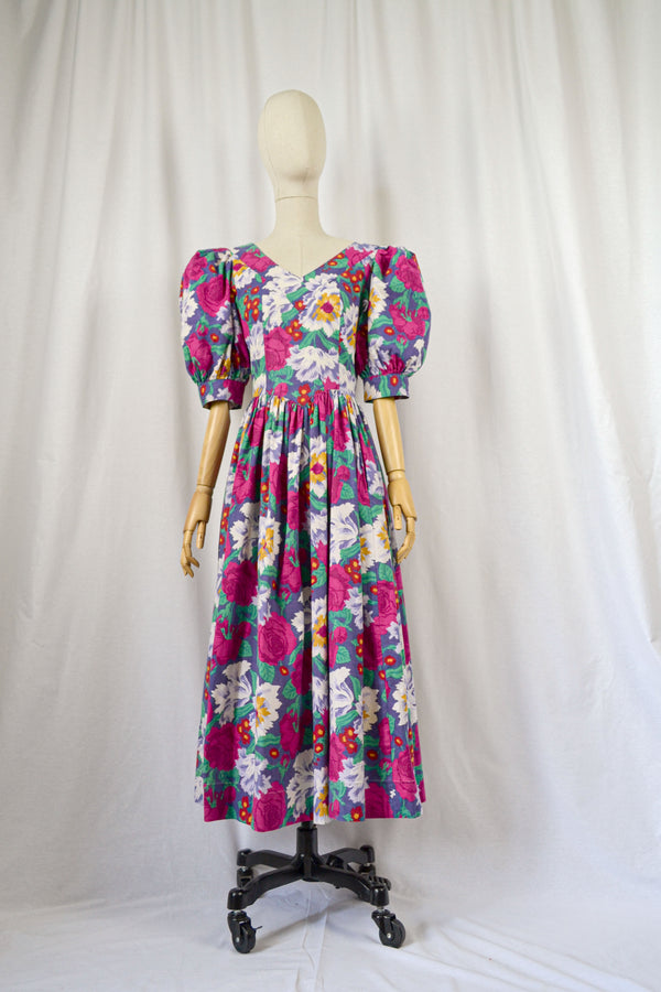 FLORAL FANTASIA - 1980s Vintage Laura Ashley Backless Colorful Floral Dress - Size S/M