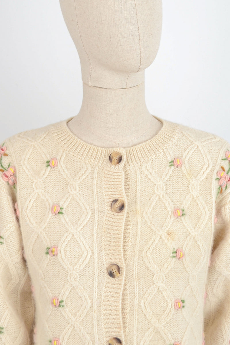 FLORISTRY - 1990s Vintage Ivory Embroidered Cardigan - Size S/M