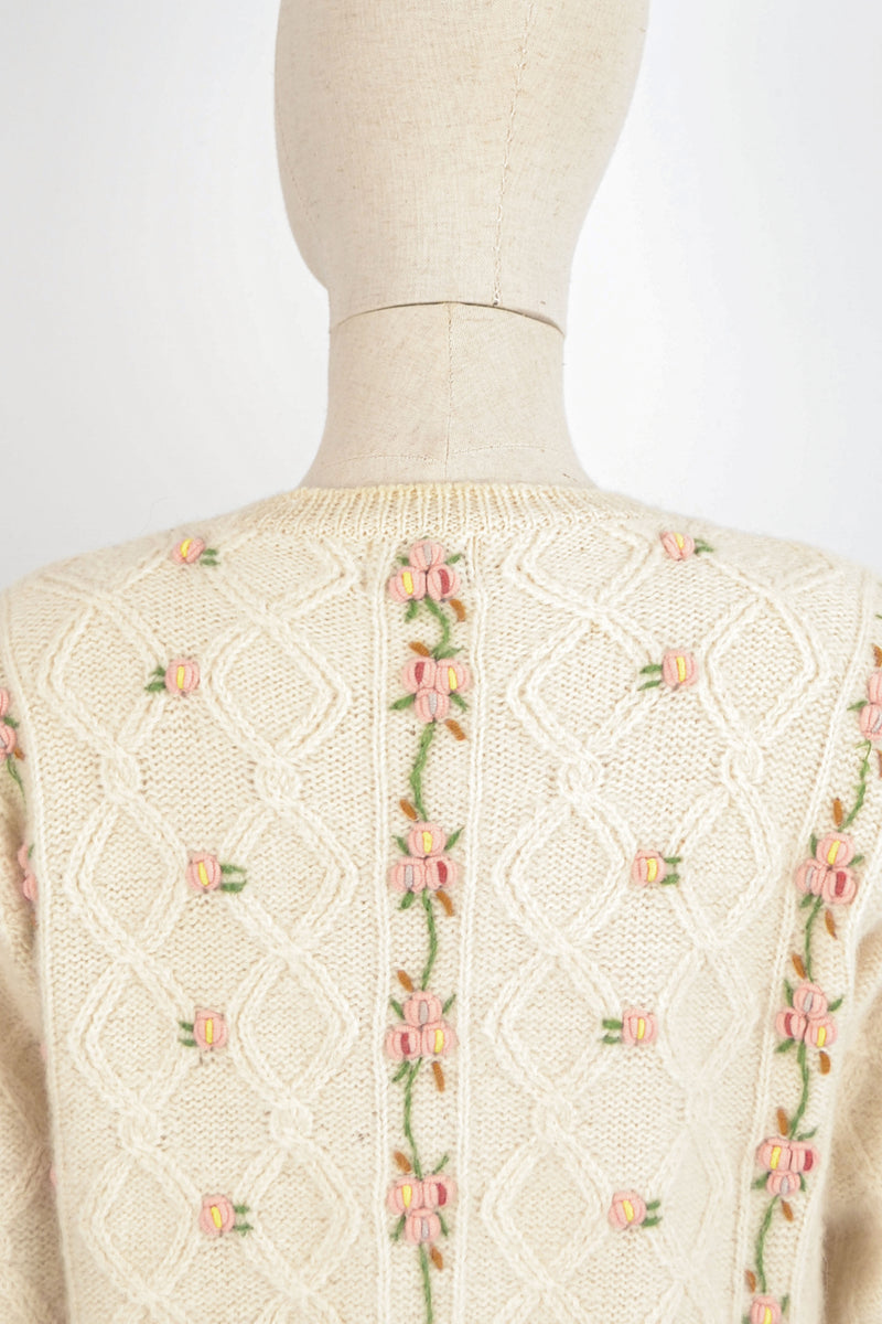 FLORISTRY - 1990s Vintage Ivory Embroidered Cardigan - Size S/M