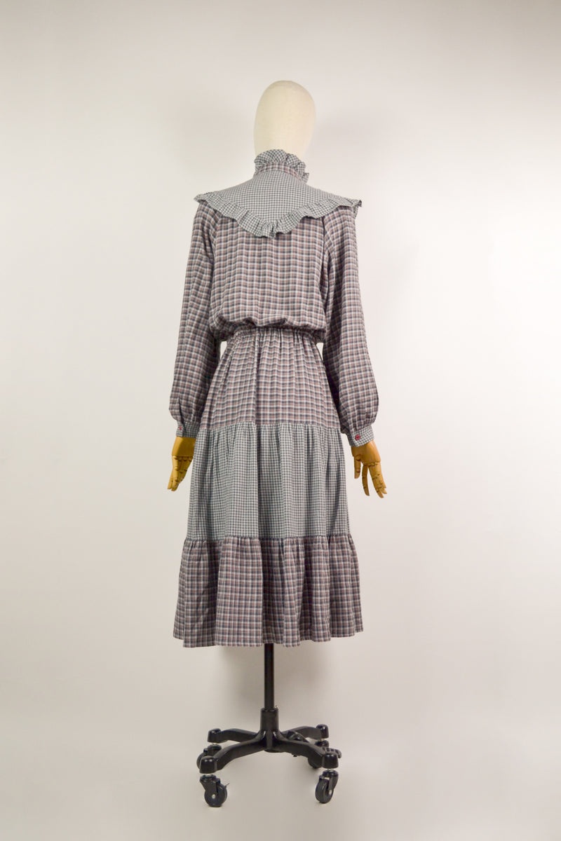 FOGGY AFTERNOON - 1970s Vintage Patchwork Check Dress - Size S/M