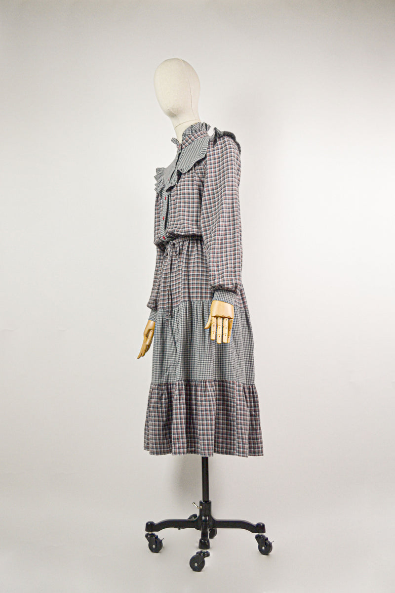FOGGY AFTERNOON - 1970s Vintage Patchwork Check Dress - Size S/M