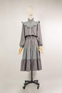 FOGGY AFTERNOON - 1970s Vintage Patchwork Check Dress - Size S/M