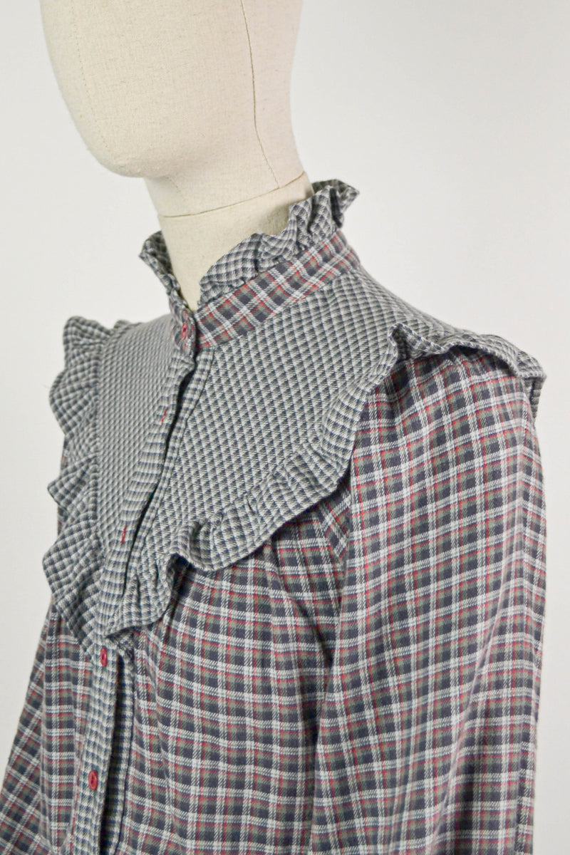 FOGGY AFTERNOON - 1970s Vintage Patchwork Check Dress - Size S/M
