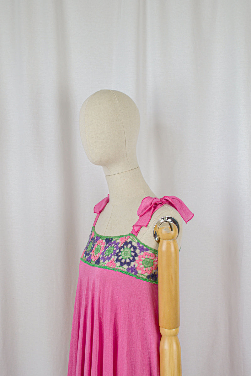 FRENCH ROSE - 1970s Vintage Arlette Beressi Crocheted Bright Pink Summer Dress- Size S