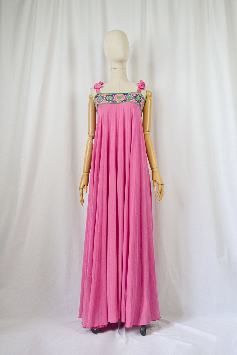 FRENCH ROSE - 1970s Vintage Arlette Beressi Crocheted Bright Pink Summer Dress- Size S