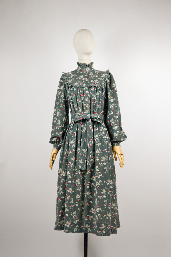 STRAWBERRIES - 1980s Vintage Laura Ashley Green Strawberries Print Dress - Size S/M