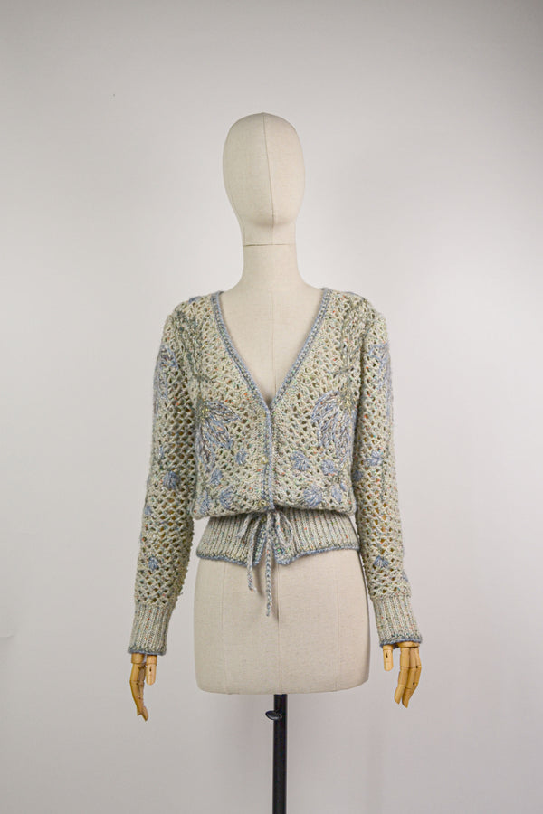 FROST KISSED - 1980s Vintage Crochetted Ice Blue Cardigan - Size S/M