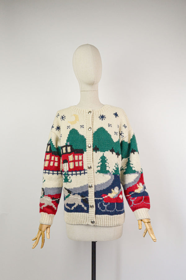 WINTER WONDERLAND - 1980s Vintage Eddie Bauer Winter Scenery Cardigan - Size M/L