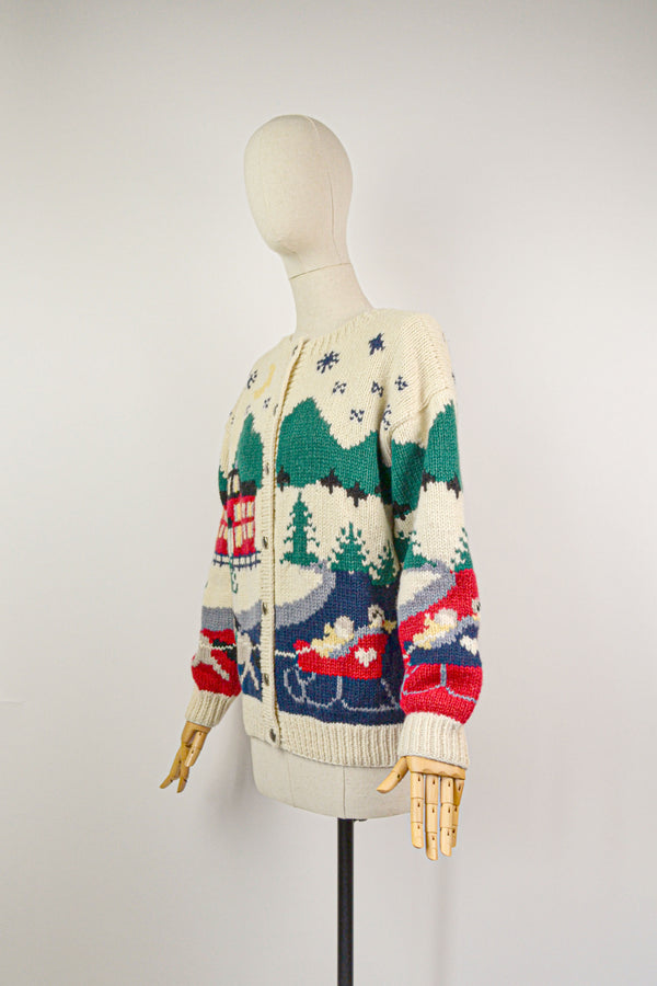 WINTER WONDERLAND - 1980s Vintage Eddie Bauer Winter Scenery Cardigan - Size M/L