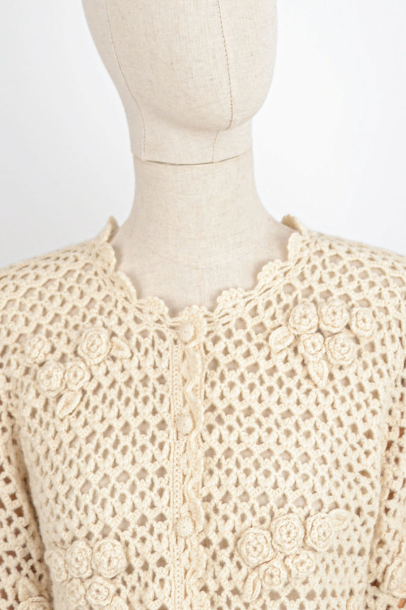 GARDENIA - 1980s Vintage Crochet Cardigan - Size S/M