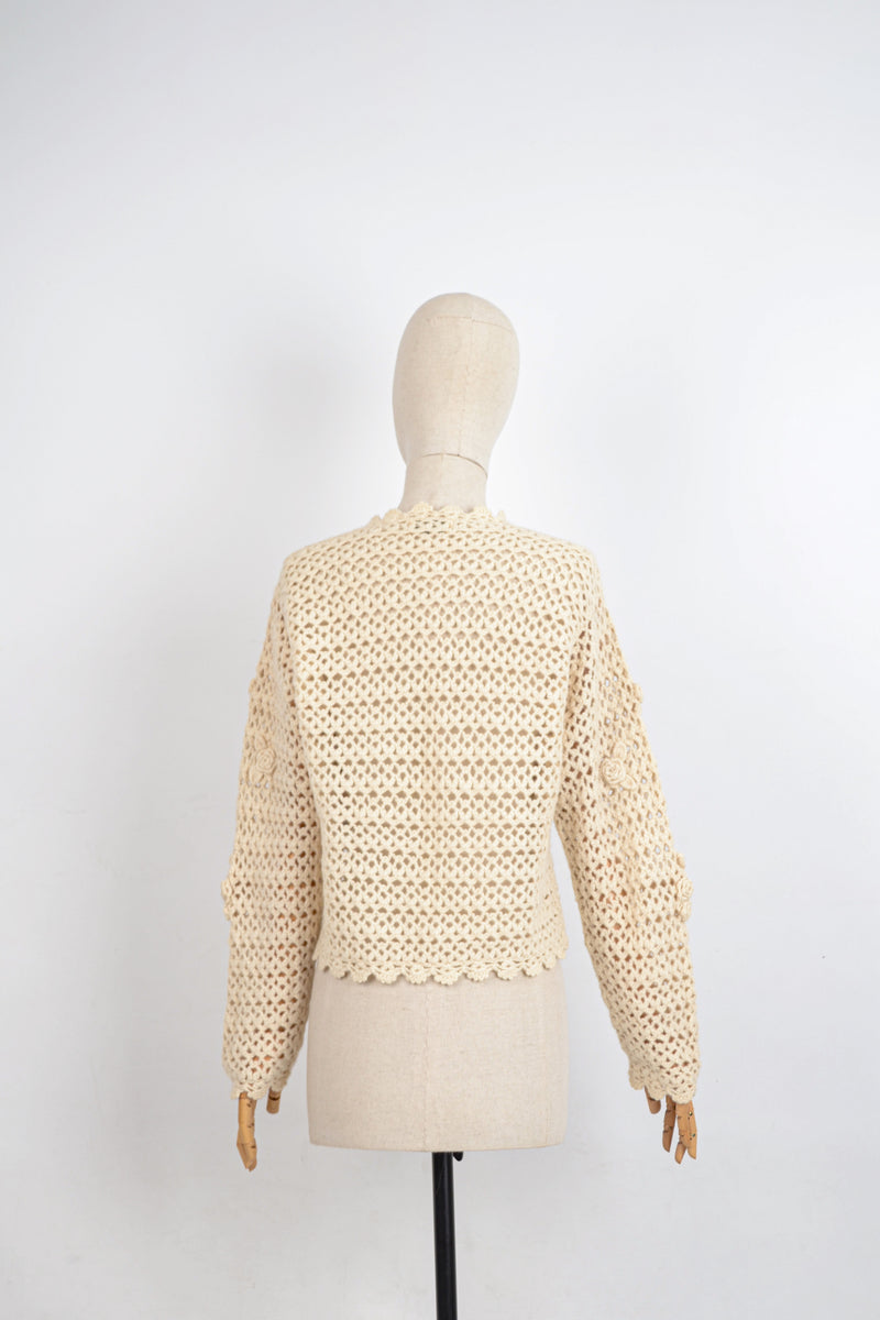 GARDENIA - 1980s Vintage Crochet Cardigan - Size S/M