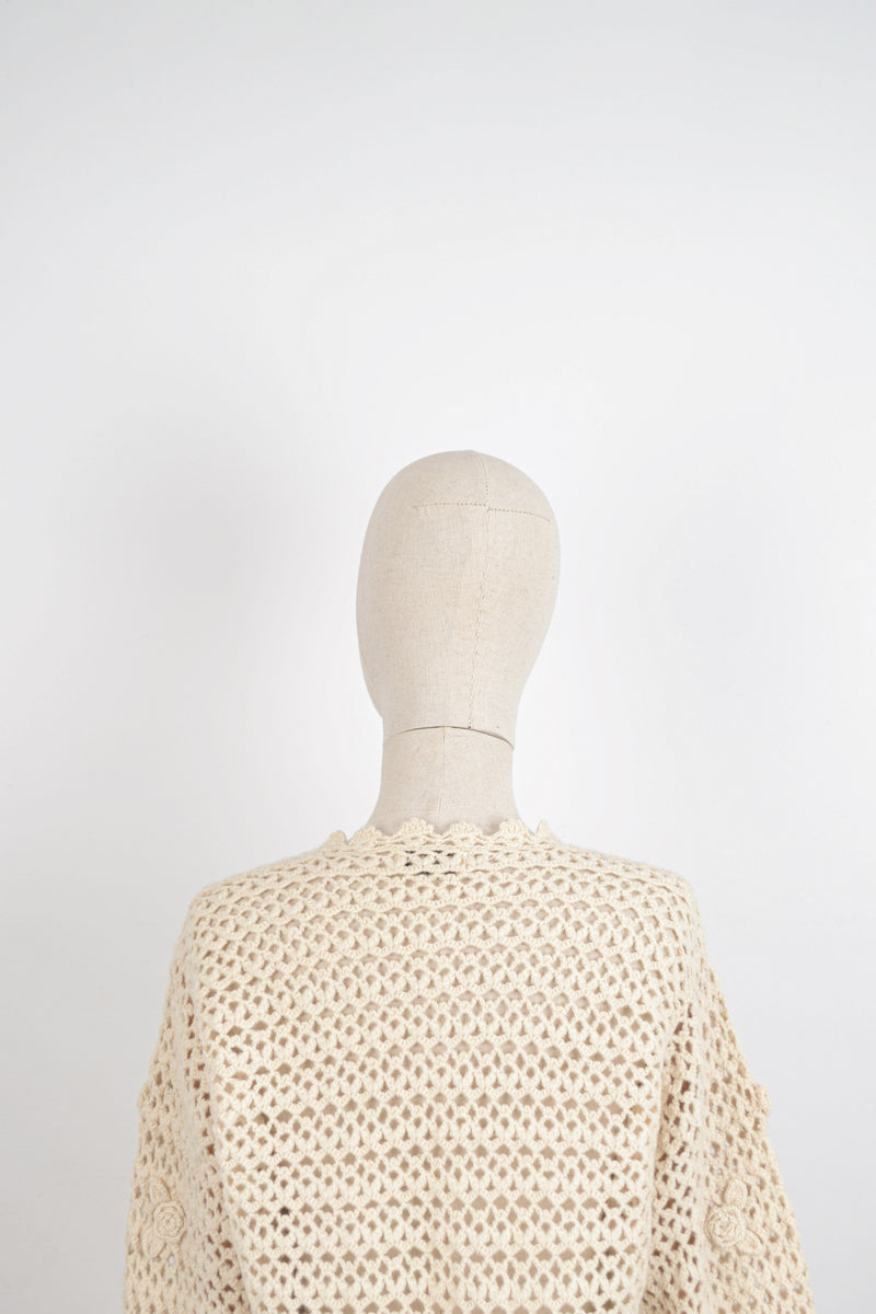 GARDENIA - 1980s Vintage Crochet Cardigan - Size S/M