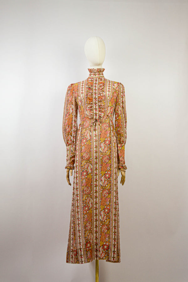 GINGER - 1970s Vintage Dollyrockers Paisley Print Midi Dress - Size S/M