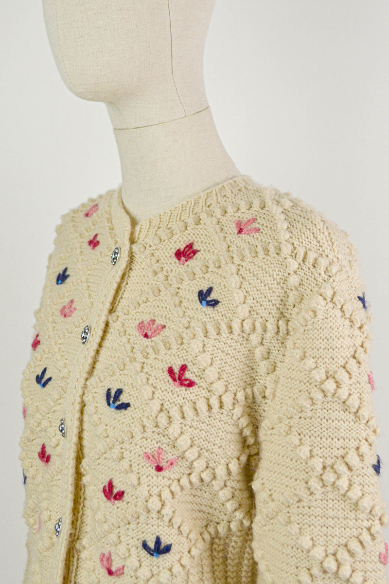 GLORY OF THE SNOW - 1980s Vintage Floral Embroidery Cream Austrian Cardigan - Size S/M/L