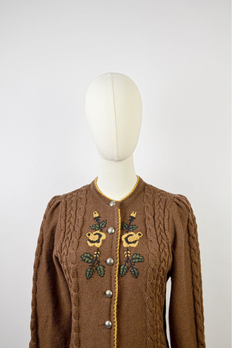 GOLDEN BLOOM - 1980s Vintage Lanamoden Brown Embroidered Austrian Cardigan - Size S/M