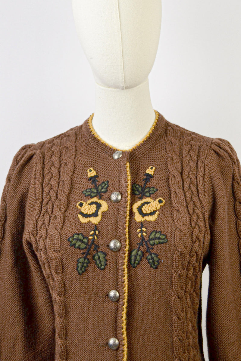 GOLDEN BLOOM - 1980s Vintage Lanamoden Brown Embroidered Austrian Cardigan - Size S/M