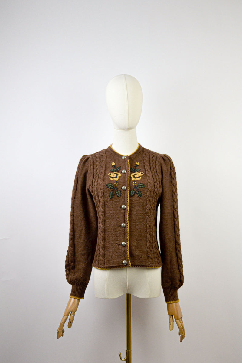 GOLDEN BLOOM - 1980s Vintage Lanamoden Brown Embroidered Austrian Cardigan - Size S/M