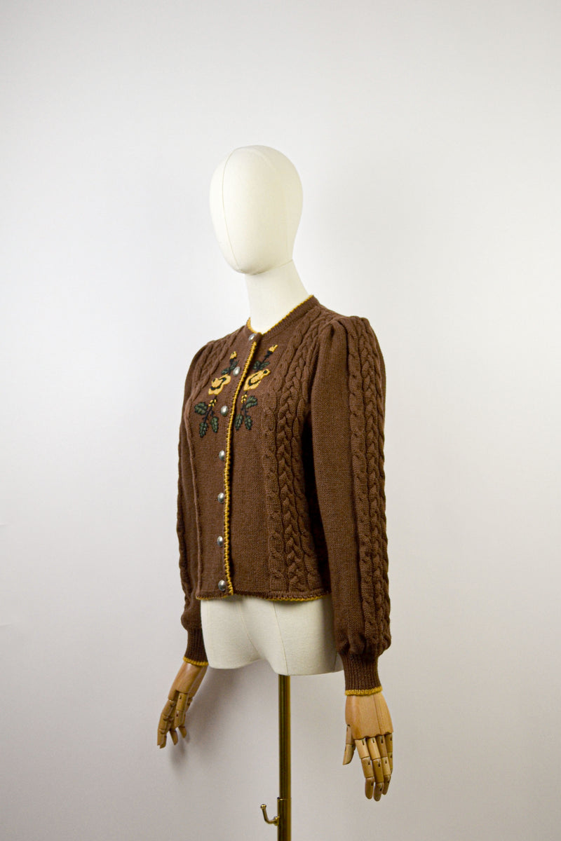 GOLDEN BLOOM - 1980s Vintage Lanamoden Brown Embroidered Austrian Cardigan - Size S/M