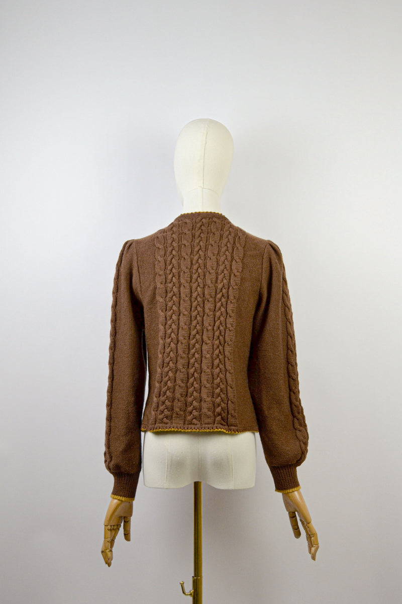 GOLDEN BLOOM - 1980s Vintage Lanamoden Brown Embroidered Austrian Cardigan - Size S/M