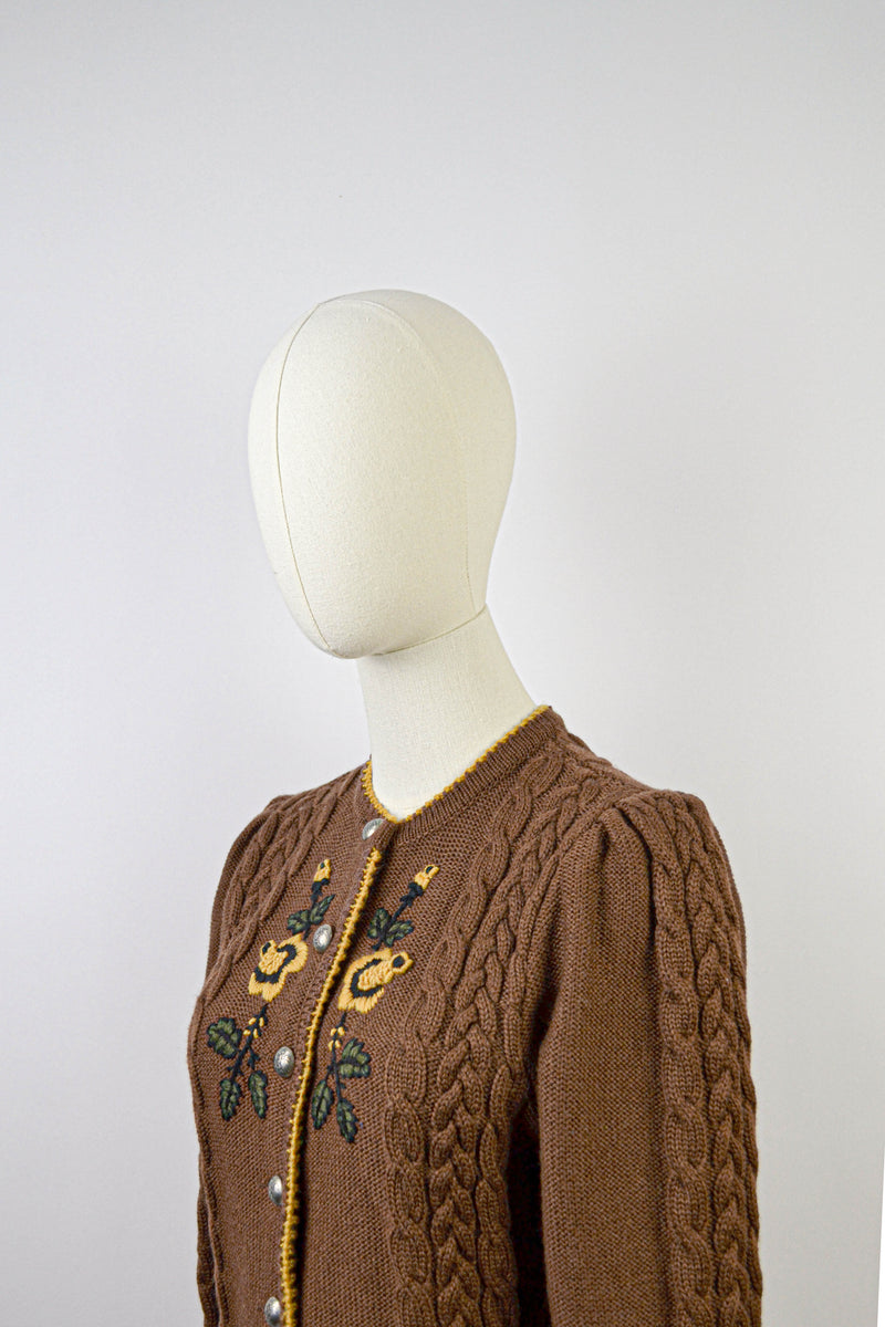 GOLDEN BLOOM - 1980s Vintage Lanamoden Brown Embroidered Austrian Cardigan - Size S/M