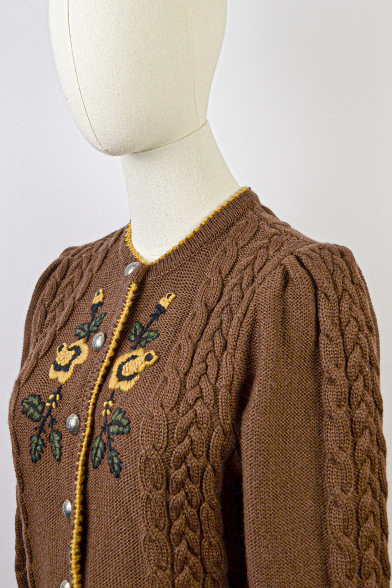 GOLDEN BLOOM - 1980s Vintage Lanamoden Brown Embroidered Austrian Cardigan - Size S/M
