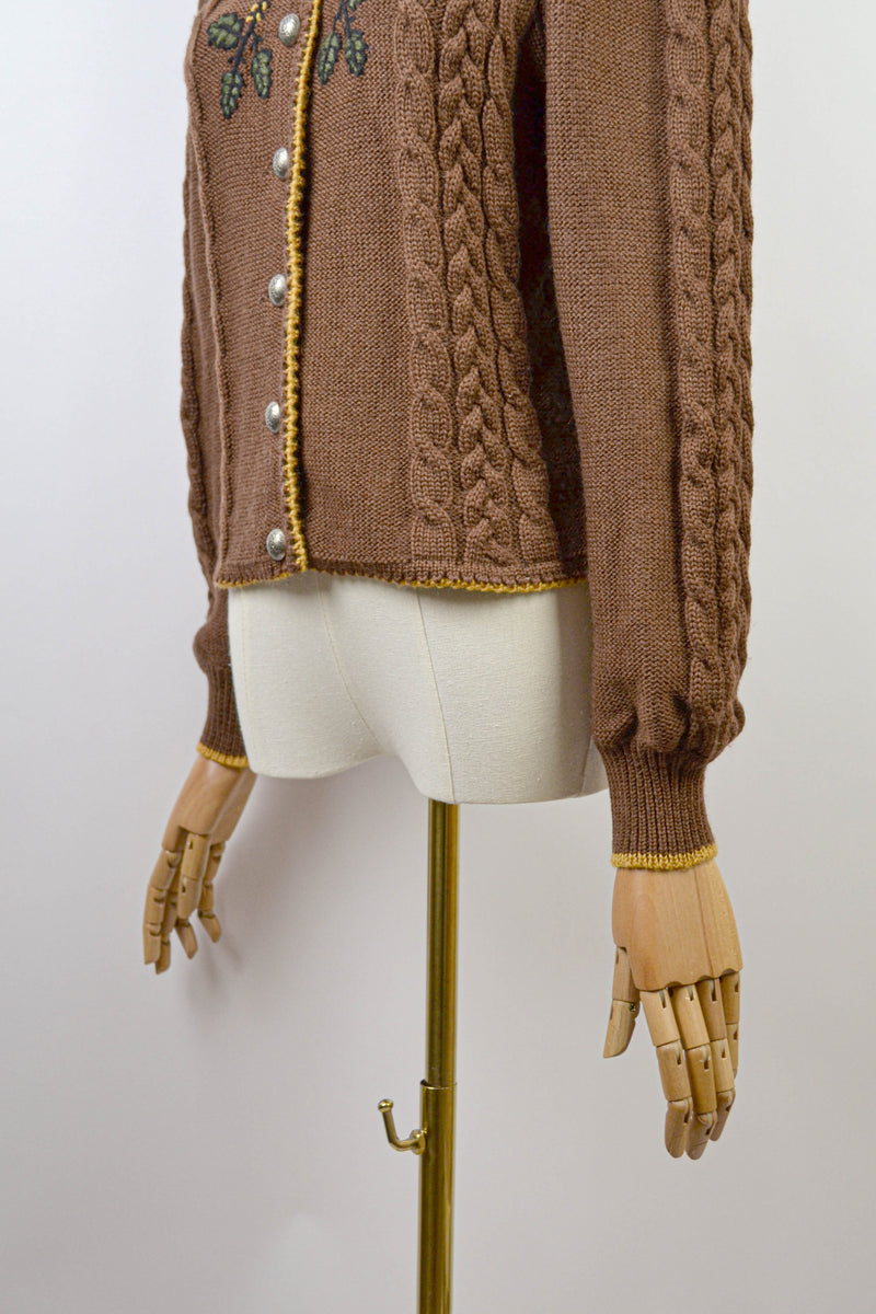 GOLDEN BLOOM - 1980s Vintage Lanamoden Brown Embroidered Austrian Cardigan - Size S/M