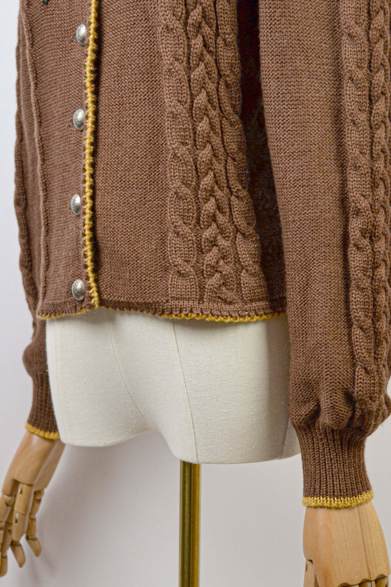 GOLDEN BLOOM - 1980s Vintage Lanamoden Brown Embroidered Austrian Cardigan - Size S/M