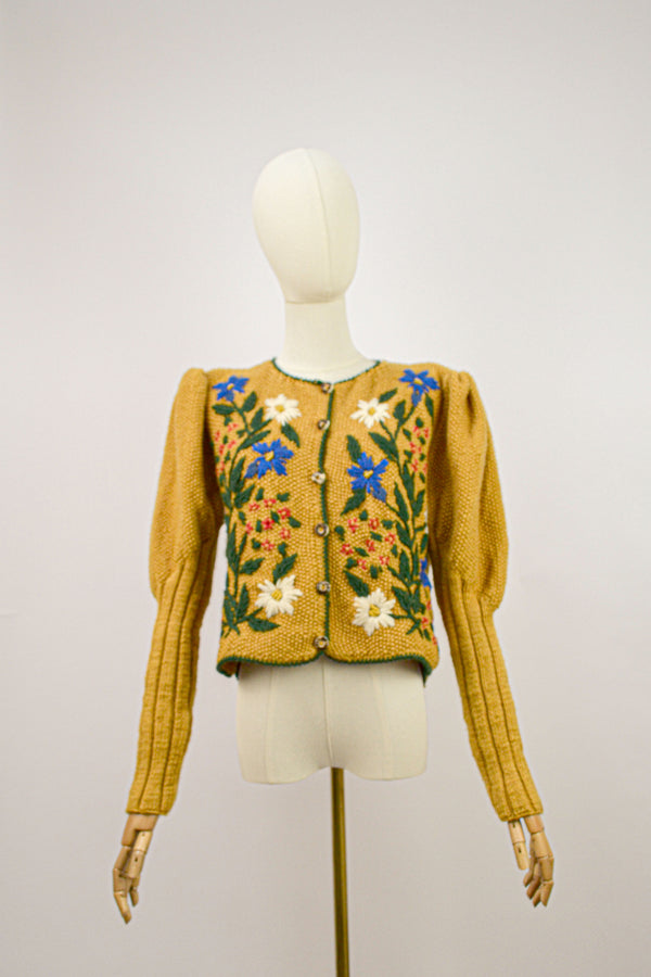 GOLDENROD - 1980s Vintage Austrian Ochre Floral Cardigan - Size S/M