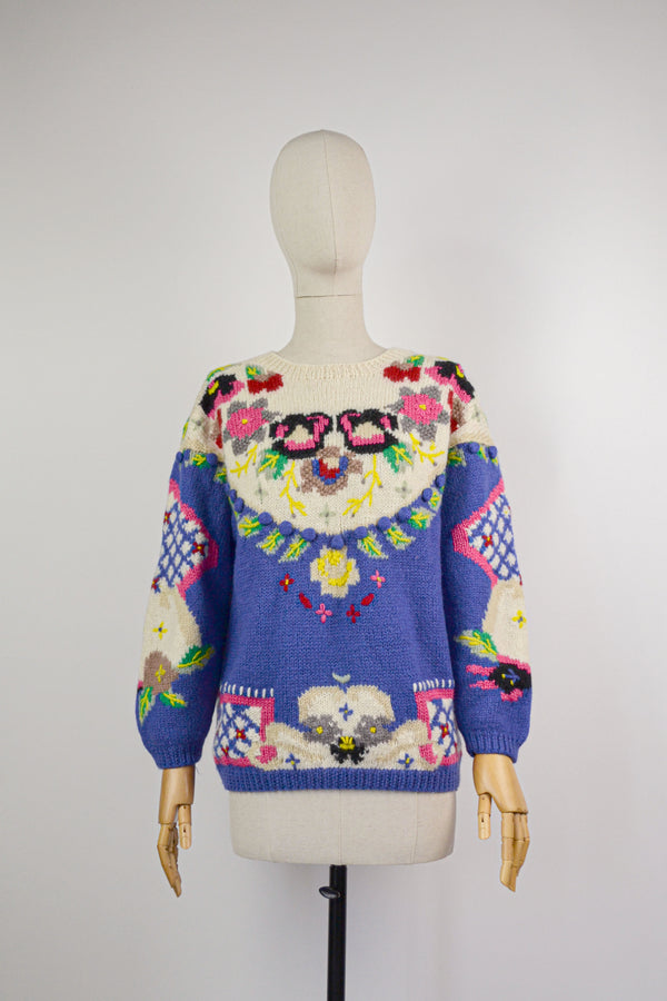 HAPPY FLORAL - 1980s Vintage Hand-knitted Colorful Floral Jumper- Size S/M