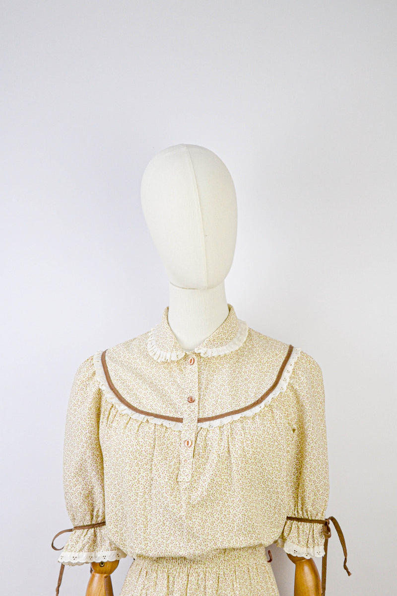 HELENIUM - 1970s Vintage Cotton Autumn Floral Prairie Dress - Size S/M