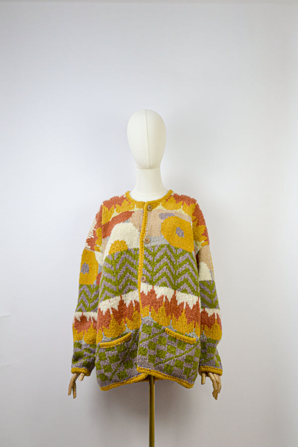 HELIANTHUS - 1990s Vintage Autumnal Wool Cardigan - Size M/L