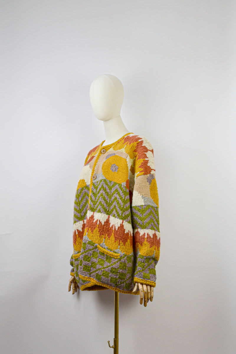 HELIANTHUS - 1990s Vintage Autumnal Wool Cardigan - Size M/L