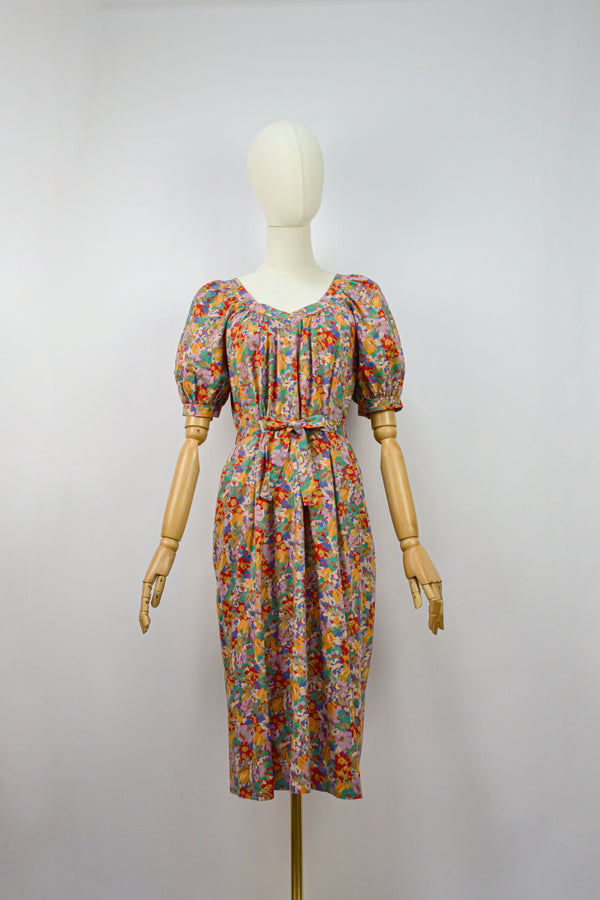 IN BLOOM - 1980s Vintage Christine Laure Vibrant Floral Print Dress - Size S/M