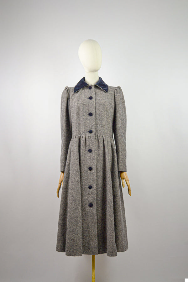 ISABELLINE - 1980s Vintage Laura Ashley Navy and Grey Herringbone Coat - Size S