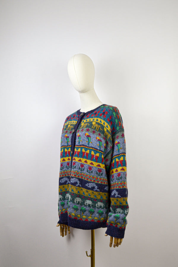 JUNGLE FAIRISLE - 1990s Vintage LL Bean Colorful Fairisle Cardigan - Size M/L