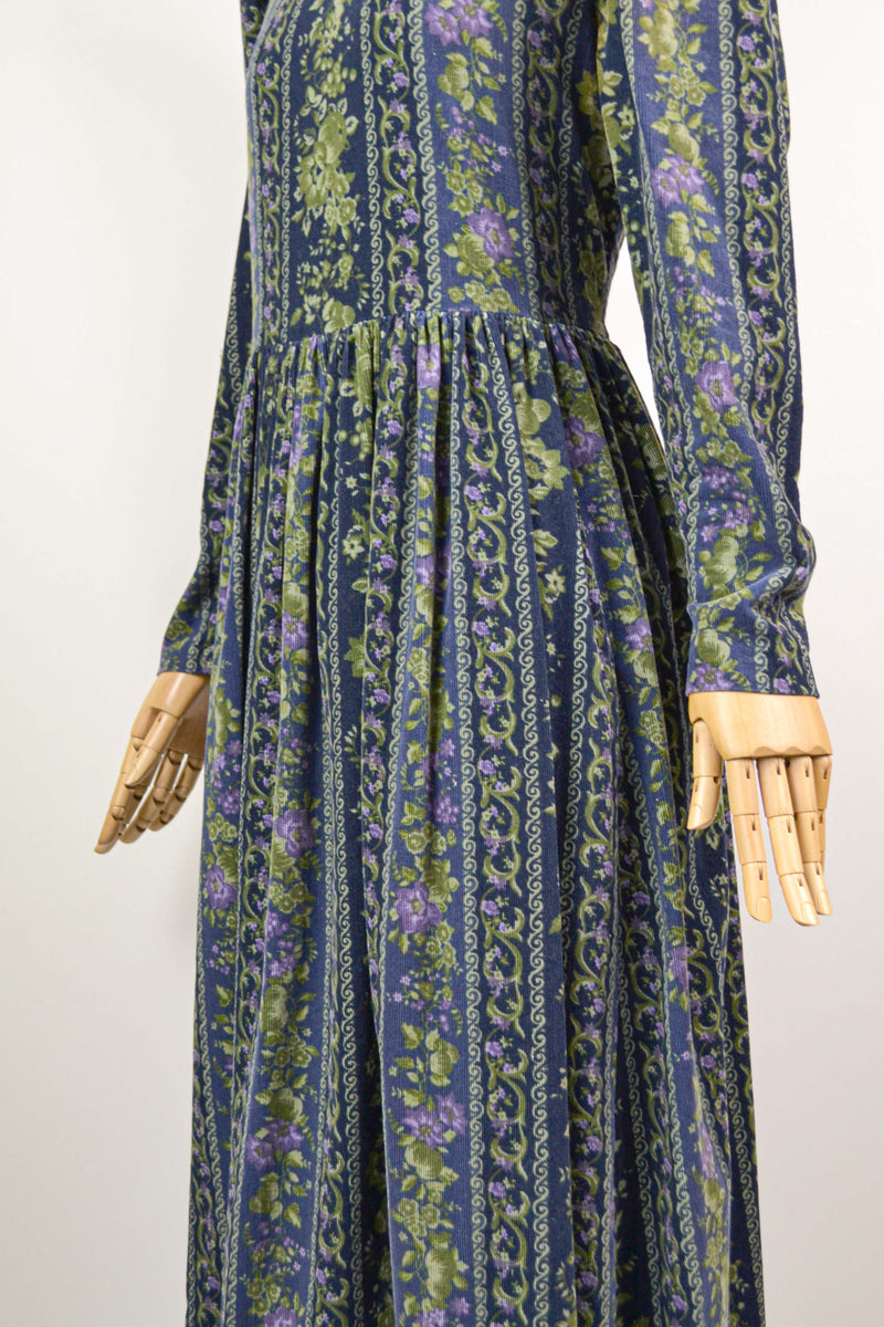 JUNIPER - 1980s Laura Ashley Navy Floral Corduroy Prairie Dress - Size M