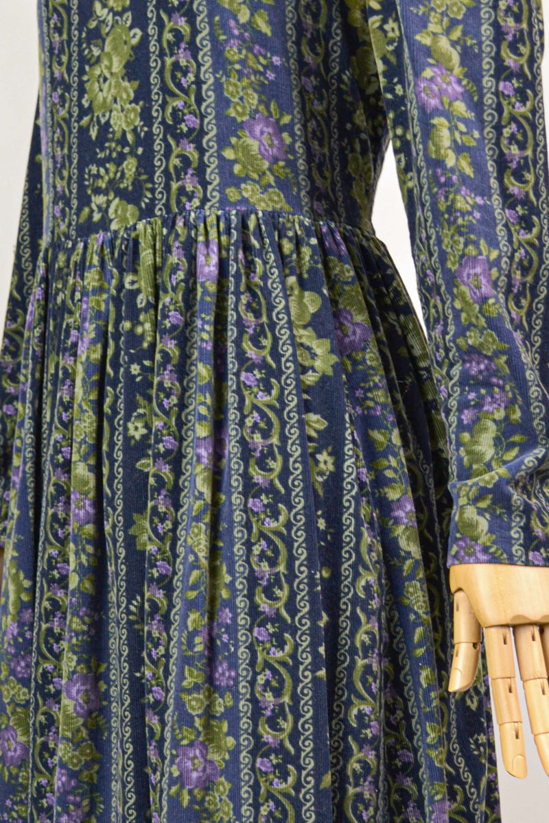 JUNIPER - 1980s Laura Ashley Navy Floral Corduroy Prairie Dress - Size M