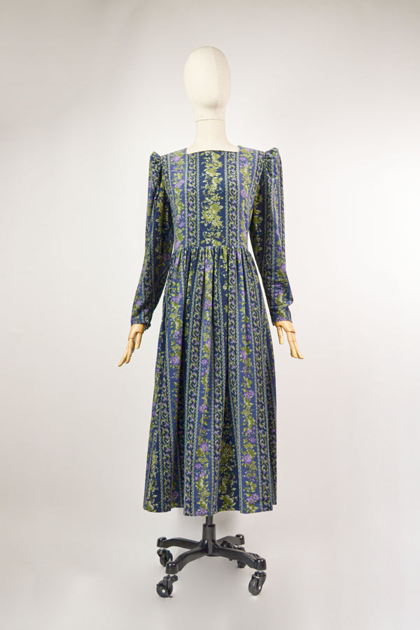 JUNIPER - 1980s Laura Ashley Navy Floral Corduroy Prairie Dress - Size M