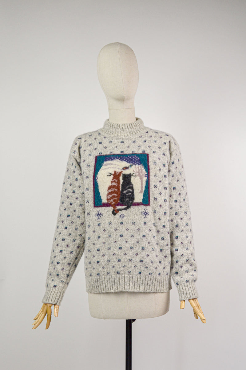 KITTY HARMONY - 1990s Vintage Woolrich Intarsia Cat Wool Jumper - Size M/L