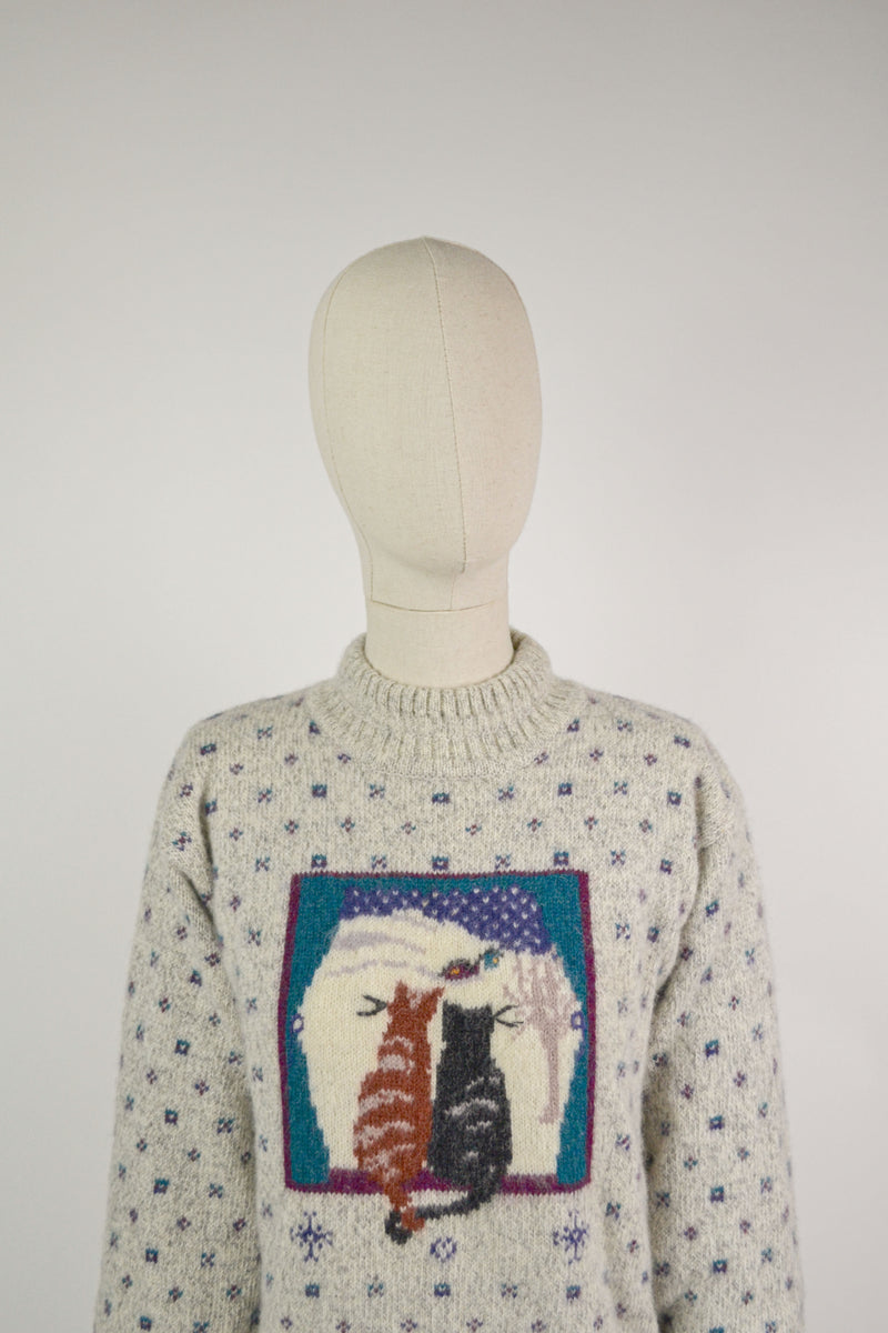 KITTY HARMONY - 1990s Vintage Woolrich Intarsia Cat Wool Jumper - Size M/L