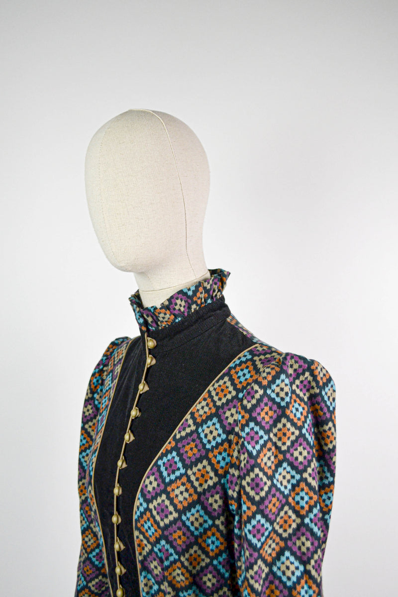KRISTA - 1970s Vintage Abstract Print Marion Donaldson Prairie Dress - Size S/M