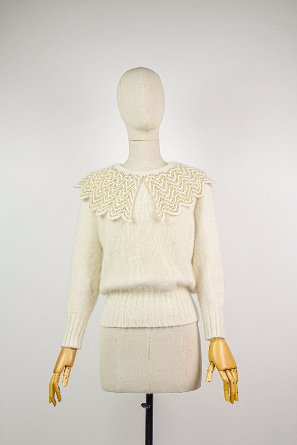 LACE - 1980s Vintage Angora Ivory Cardigan With Wide Collar Crocheted - Size S/M