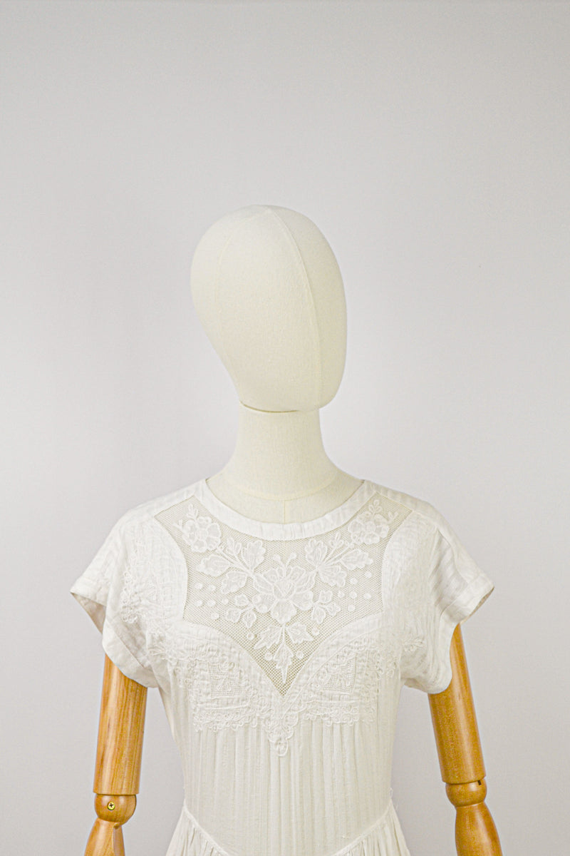 LILLY - 1980s Vintage René Derhy White Embroidered Cotton Dress - Size S