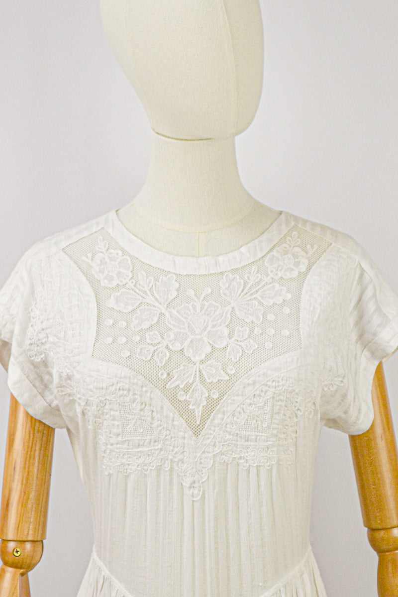 LILLY - 1980s Vintage René Derhy White Embroidered Cotton Dress - Size S
