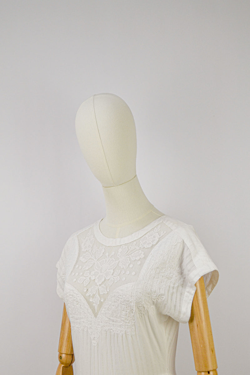 LILLY - 1980s Vintage René Derhy White Embroidered Cotton Dress - Size S