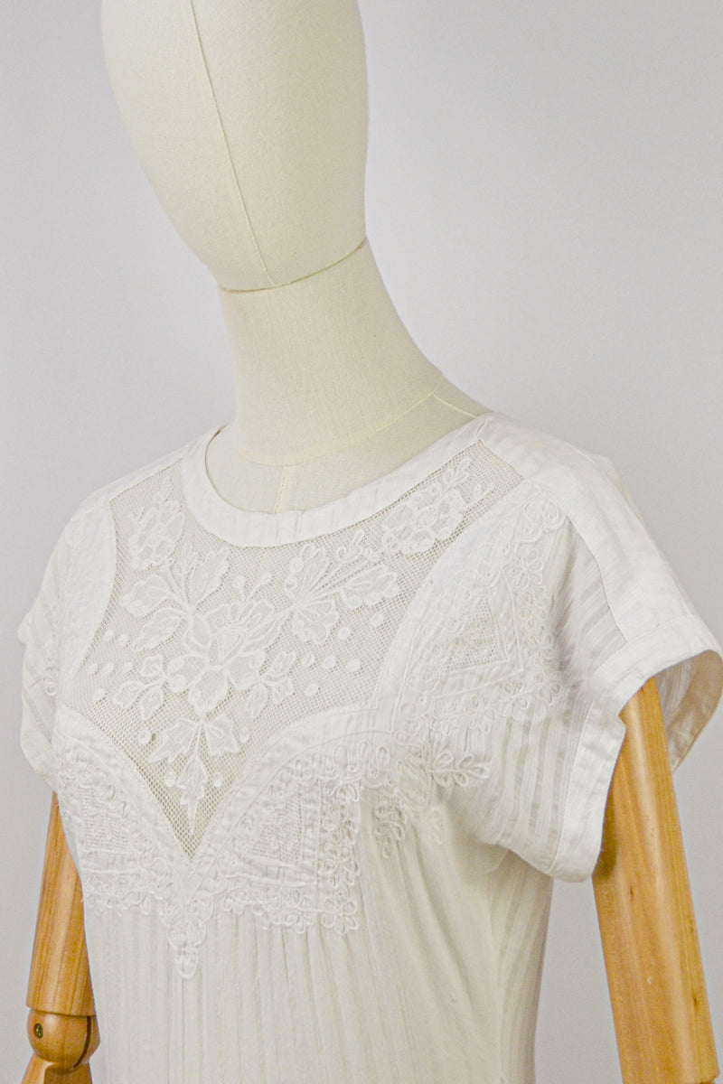 LILLY - 1980s Vintage René Derhy White Embroidered Cotton Dress - Size S