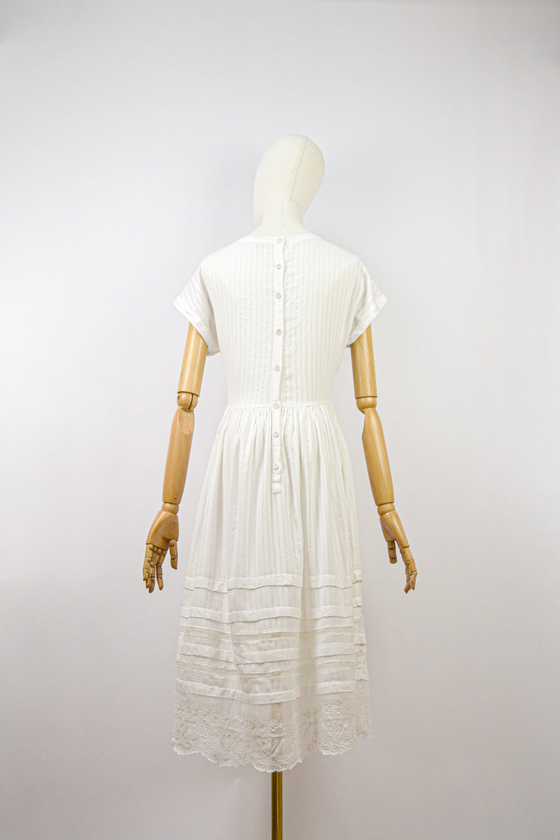 LILLY - 1980s Vintage René Derhy White Embroidered Cotton Dress - Size S