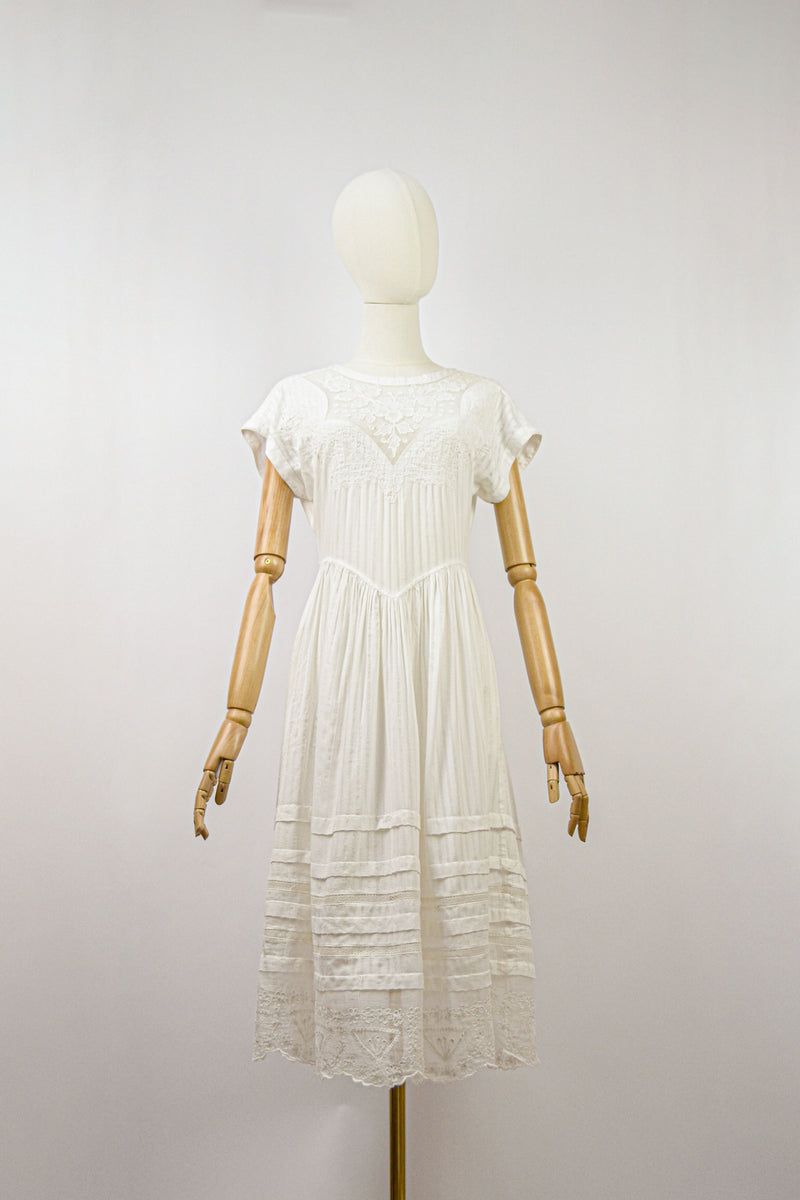 LILLY - 1980s Vintage René Derhy White Embroidered Cotton Dress - Size S