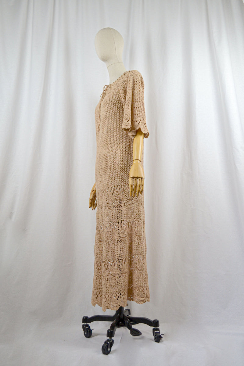 MACAROON - 1970s Vintage Crochet  Cotton Dress - Size S/M